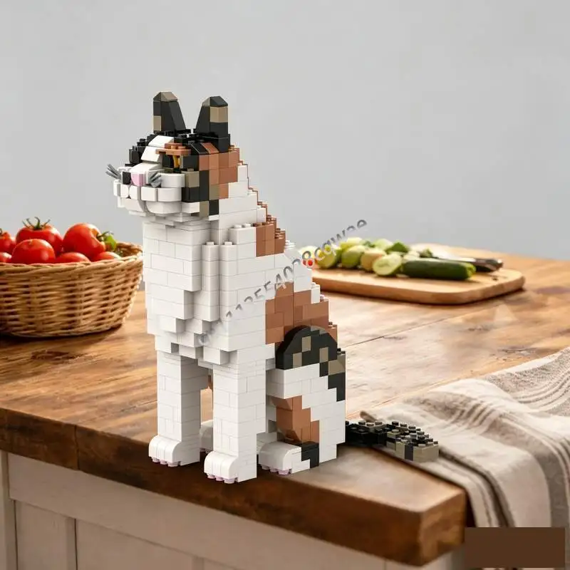 729Parts MOC Calico Cat Tri Color Pattern Animal Model Custom Puzzle DIY Creative Assembly Blocks Building Toy Collection Gifts