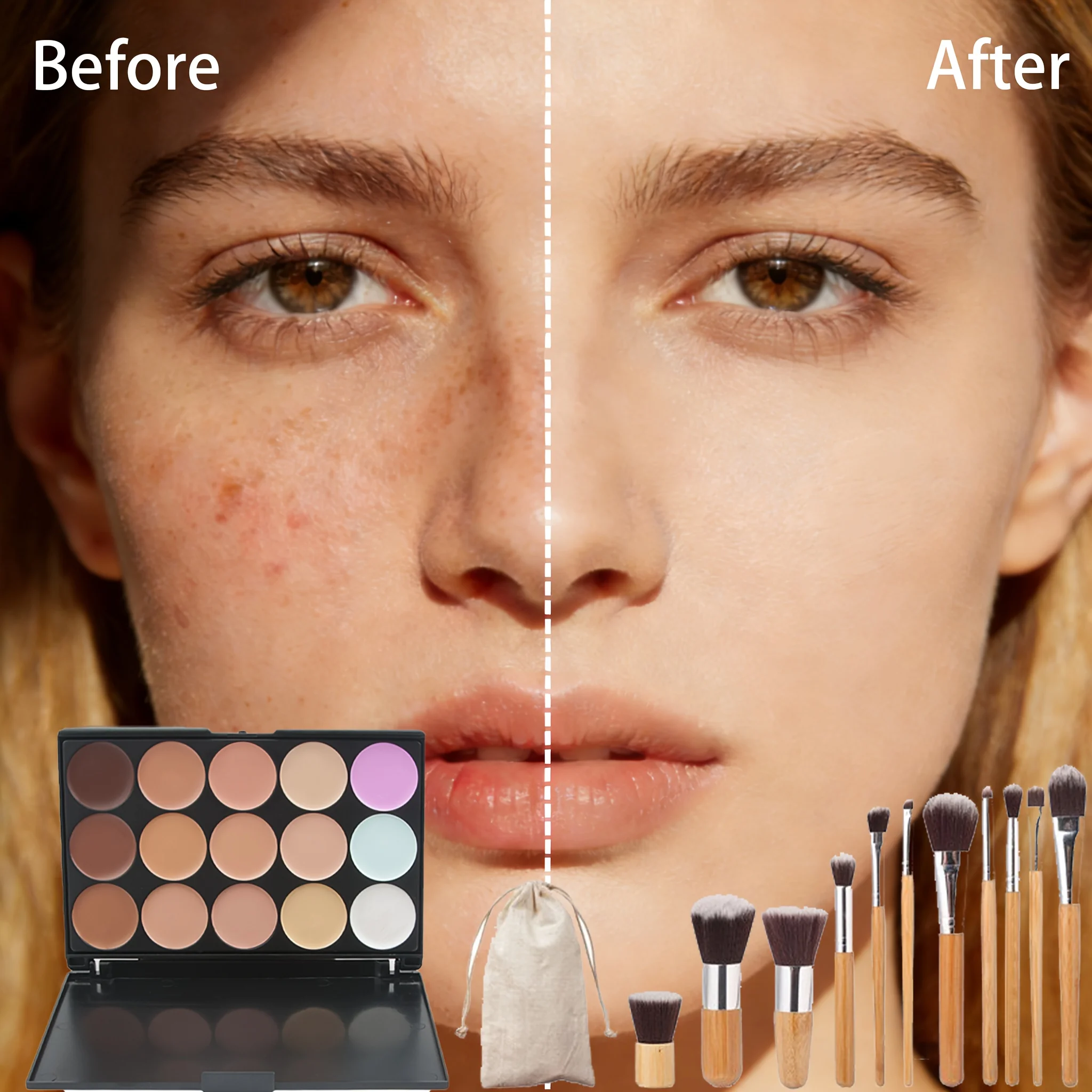 12pcs Set: 15-Shade Concealer Palette and Multi-Purpose Brush Set, Waterproof  Sweat-resistant, Long-lasting for Daily Use Gift