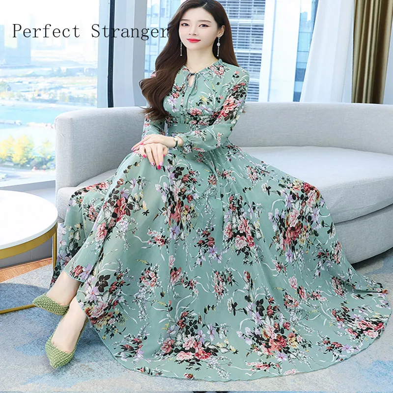 Women Spring Autumn Casual Dress Sukienka W Kwiaty Long Sleeve Flower Print Boho Robe Femme M-4XL Red Chiffon Vestidos