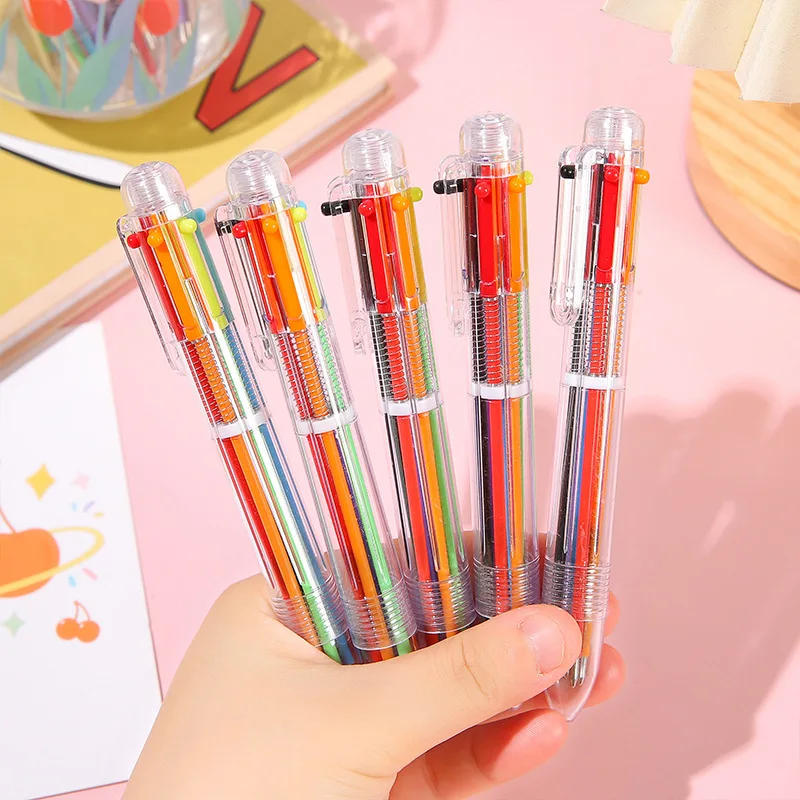 Cute Cartoon Multi-color 6-color Ballpoint Pen Press Pen Colorful Medium Oil Pen Stationery Switch Easily