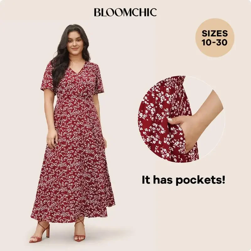 BloomChic Bloom Dress - Flutter Sleeve Ditsy Floral Pocket Split Maxi Dress