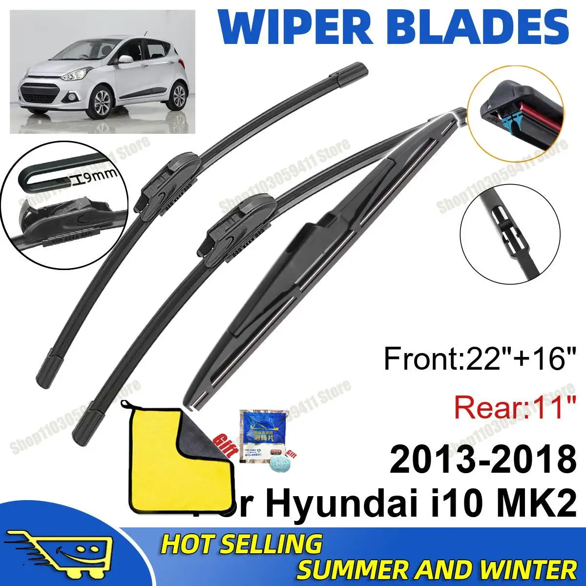 

3PCS For Hyundai i10 MK2 2013-2018 22" + 16"+ 11" Front Rear Wiper Blades Windshield Windscreen Window Cutter Accessories