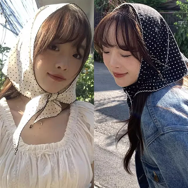 

Женский шарф-бандана в горошек с волнистым краем, милый корейский головной убор, повязка на шею для модниц, весенне-летний шарф для волос