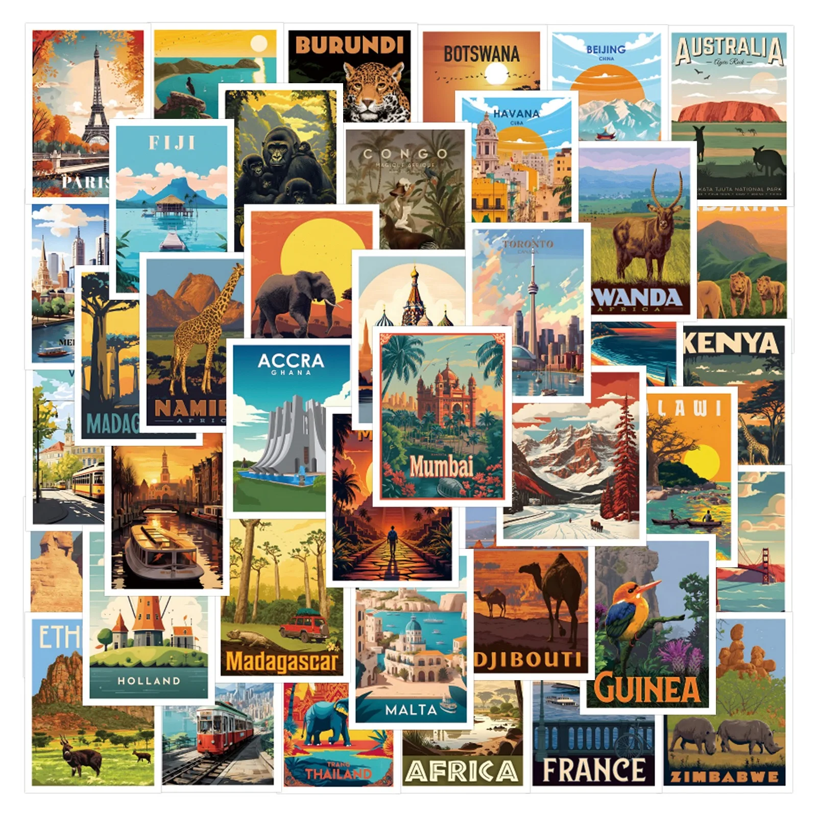 10/65PCS Mix Country Famous Travel Landmarks Stickers for Skateboard Luggage Guitar Laptop Bike Waterproof Sticker Decals Toy