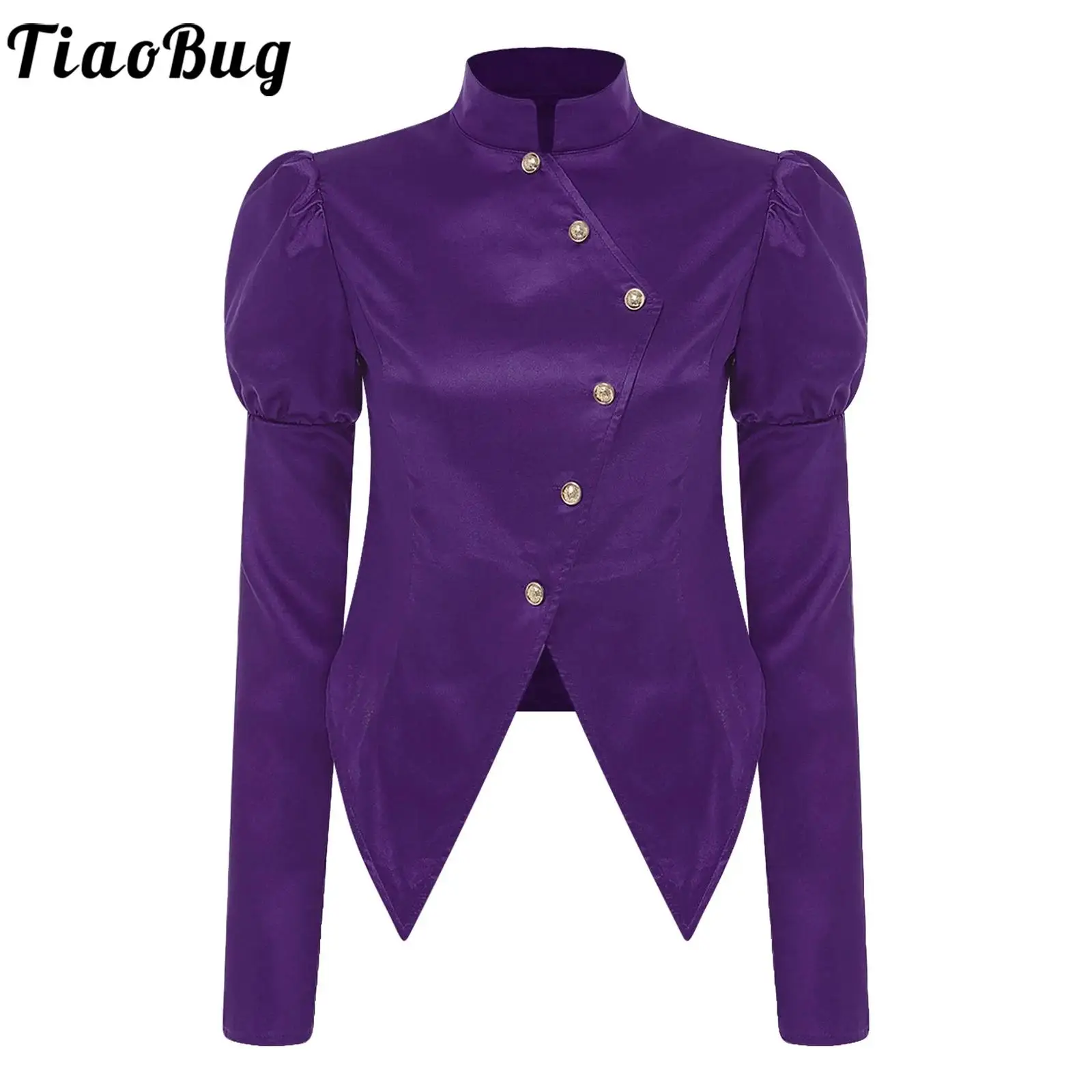 Women Victorian Button Blazer Tee-shirts Stand Collar Long Puff Sleeves Satin Blouse Shirt for Theme Party Halloween Dress-up