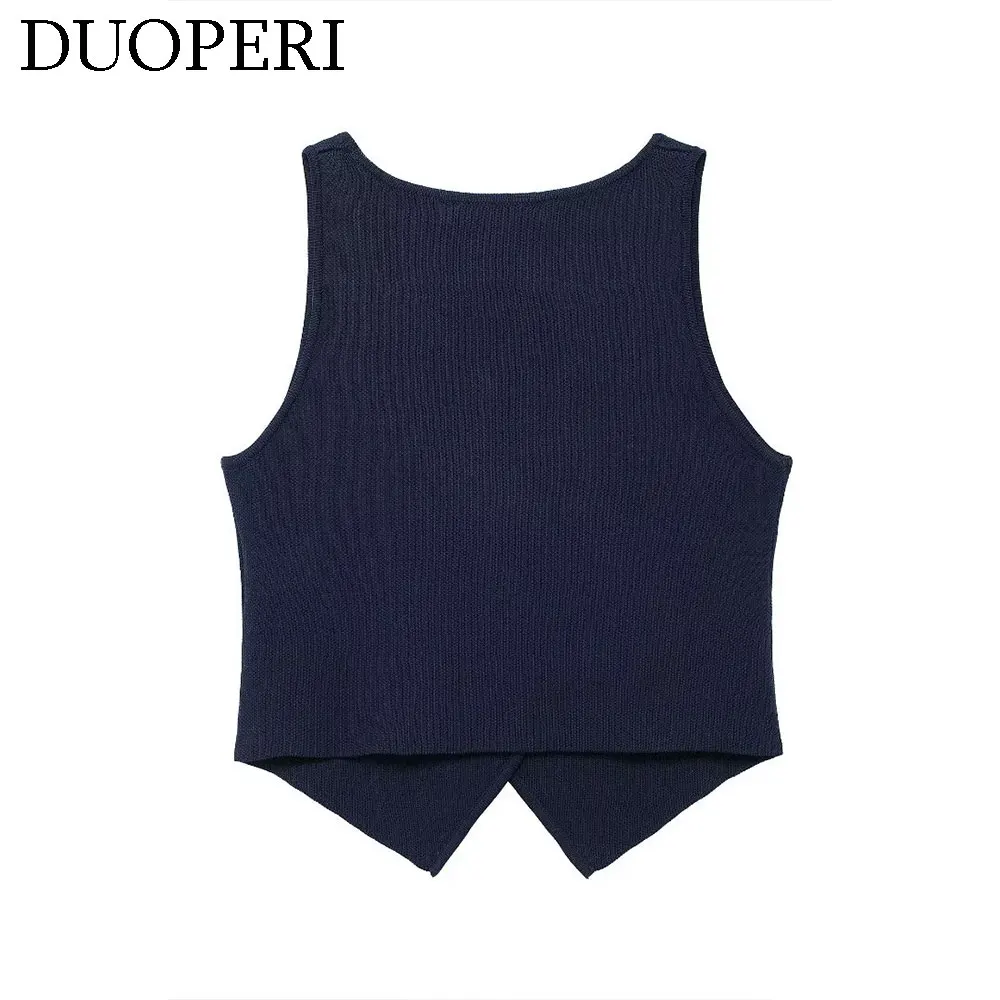 DUOPERI Women Fashion Knitted Copped Vest Tank Tops V-Neck Sleeveless Female Chic Lady Tops Waistcoat