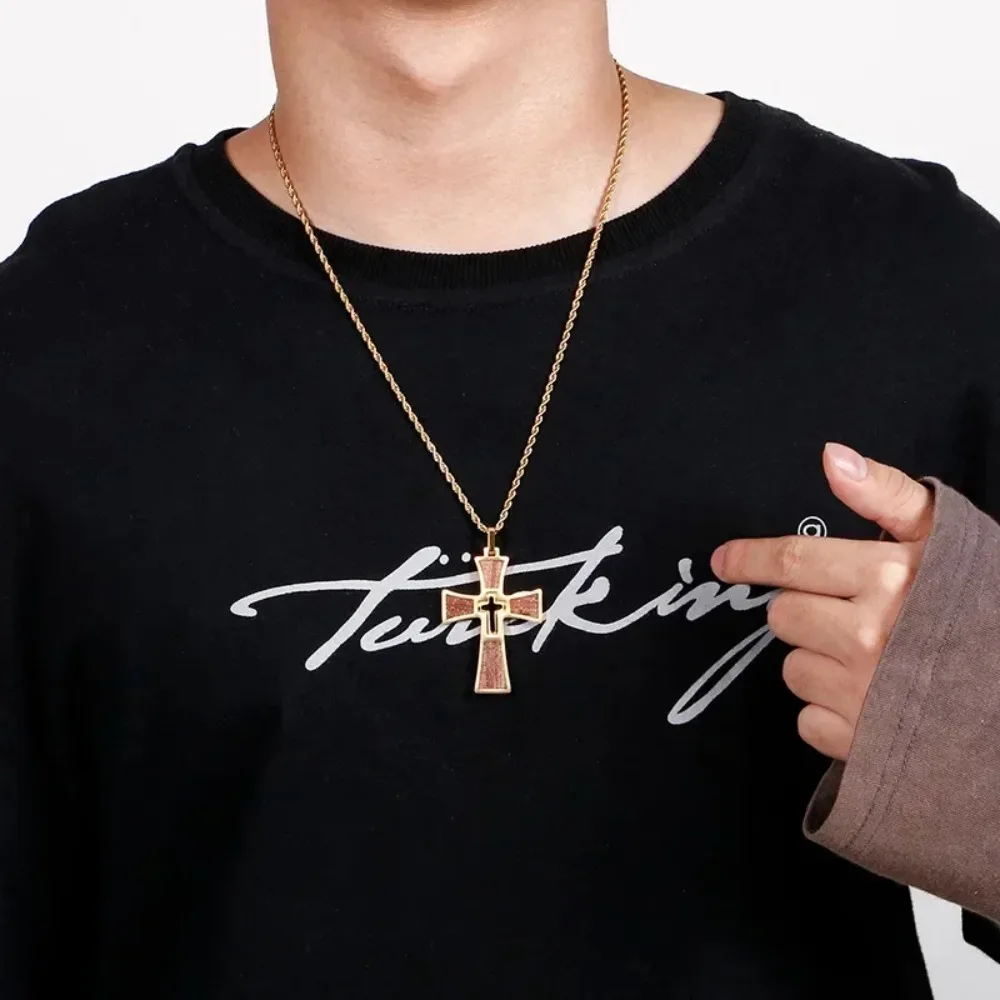 Church Baptism Wood Cross Pendant Necklaces for Men Bible Stainless Steel Christian Religious Jewelry 24Inch Chain