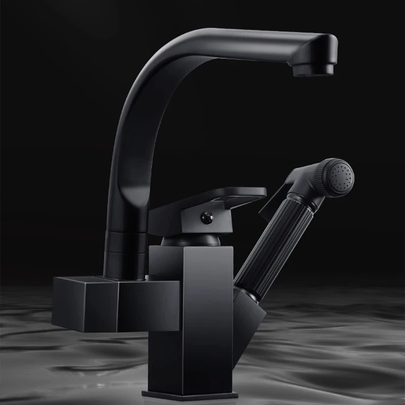 Faucet With Spray Gun Hot Cold Wate Mixer Tap Deck Mounted Bathroom Accessories Kitchen Sink Faucet Black Pull Out Washbasin