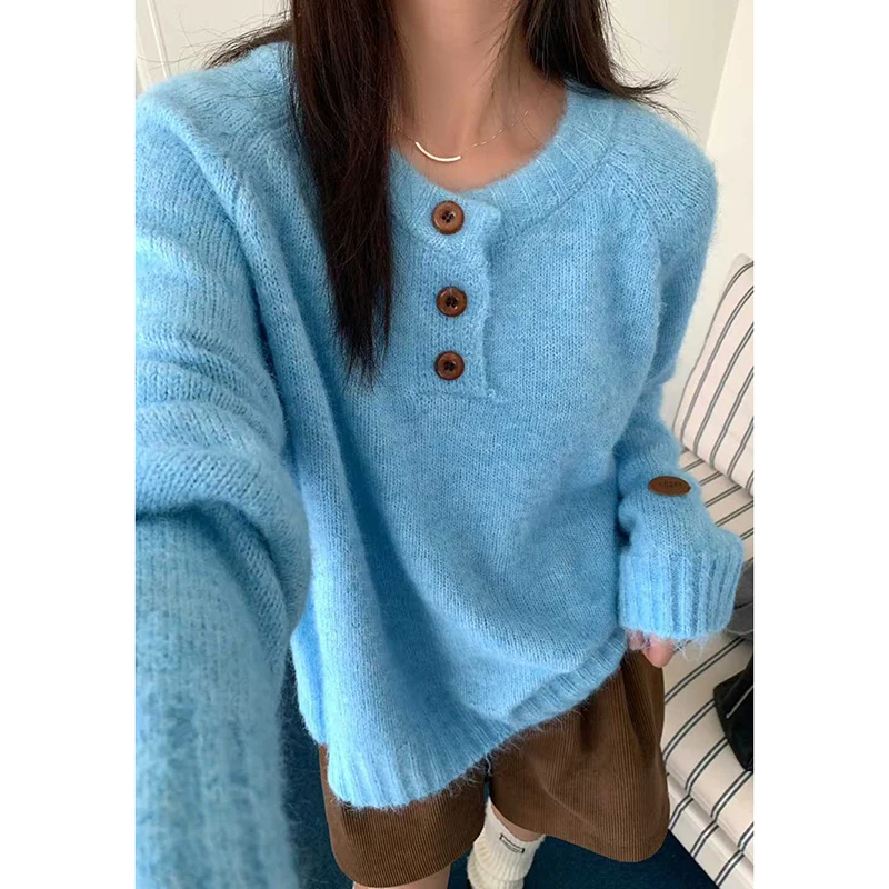 Moda botão guarnição oversized camisola de malha feminina coreano muti-cor macio o-pescoço pullovers solto cor sólida all-match jumpers