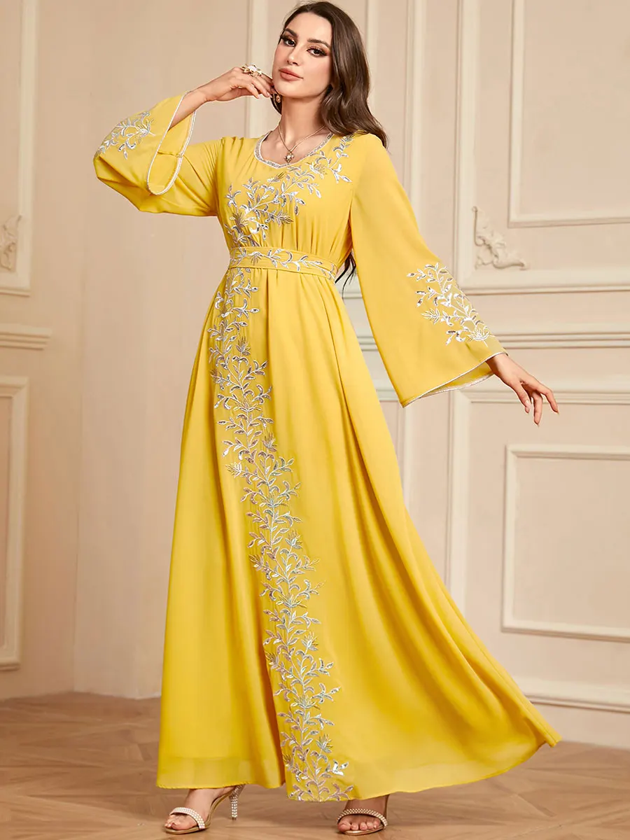 Siskakia Ramadan Muslim Woman’s Elegant Embroidery Abayas With Sashes Long Modest Dresses Women Loose Fashion Kebaya