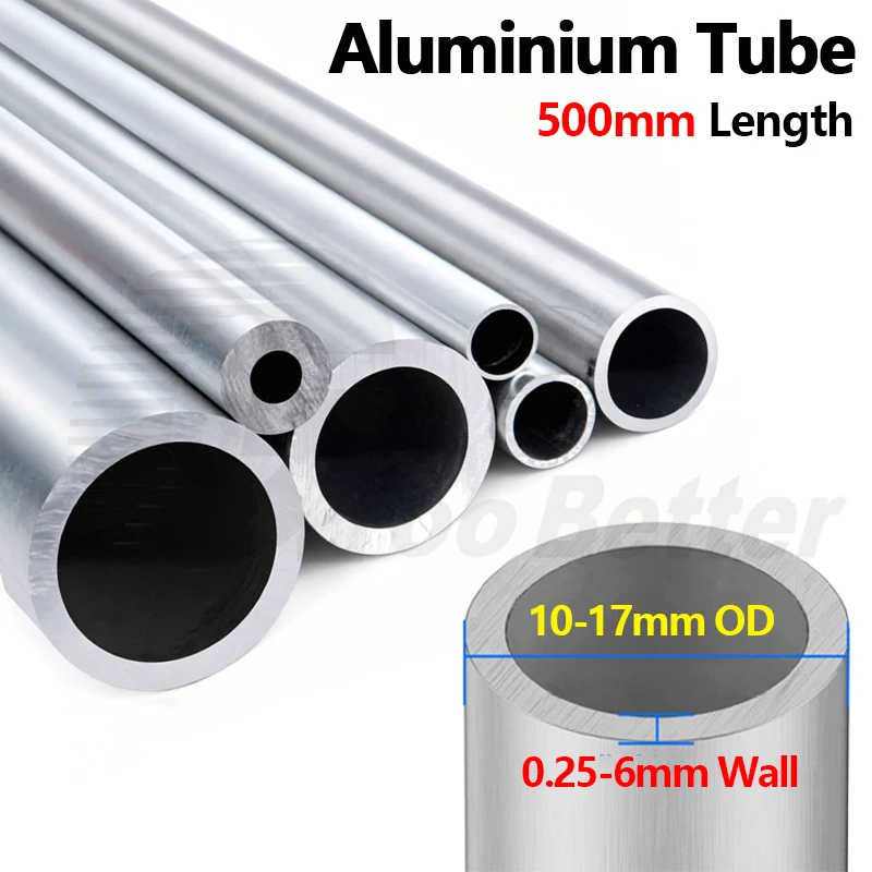 Aluminium Tube 10mm-17mm Outer Dia 0.25mm-6mm Wall Thick Straight 500mm Length Round 6063 6061 Aluminum Alloy Metal Pipe Tubing