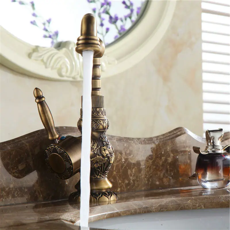 

Basin Faucets Antique Brass Bathroom Faucet Grifo Lavabo Tap Rotate Single Handle Hot and Cold Water Mixer Taps Crane AL-9966F