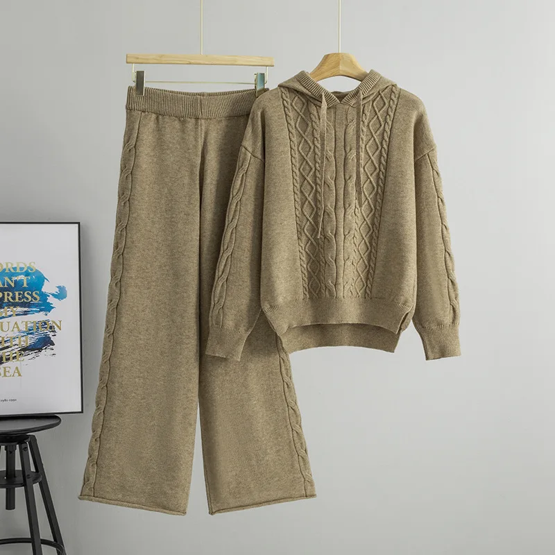 

Women Tracksuit Pant Sets Long Sleeve Hooded Solid Sweater Wide Leg Pant Ankle Length Trousers Pockets Casual 2026 Loose