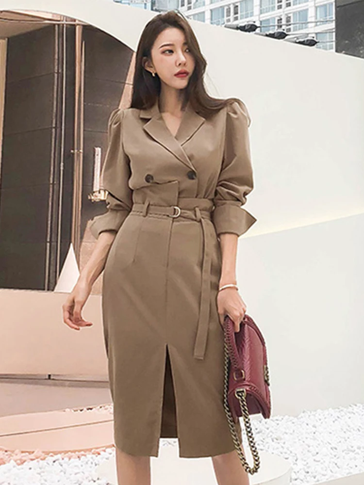 Spring Fashion Vintage Work Style Skirt Suits Women Black khaki Blazer Jacket Chic Slit Midi Skirt Elegant 2 Pieces Sets Femme