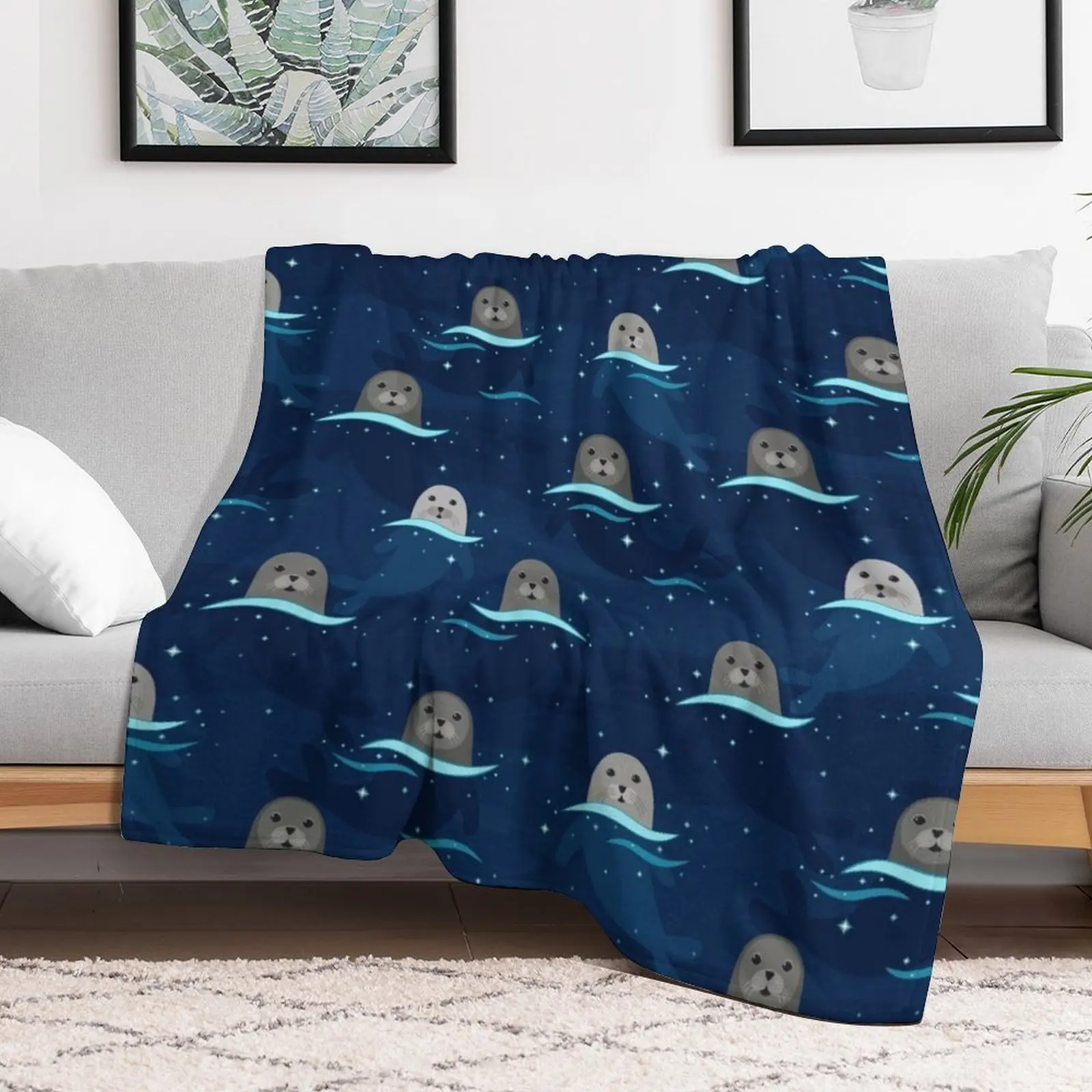 Seals in Glowing Sea Throw Blanket All Season Lightweight Soft Blanket for Bed