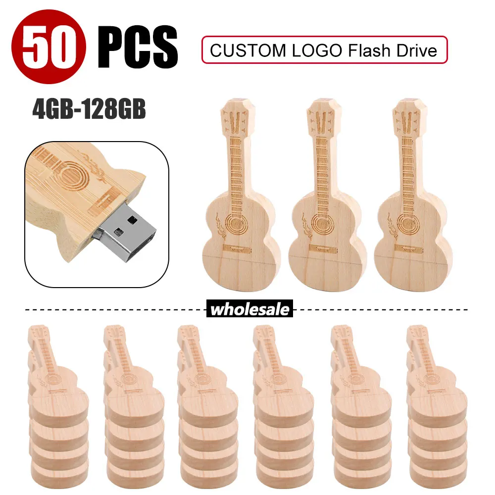 

50pcs/lot customized wooden guitar pen drive USB flash drive memory Stick pendrive 4GB 16GB 32GB 64GB 128GB Cle usb Free Logo