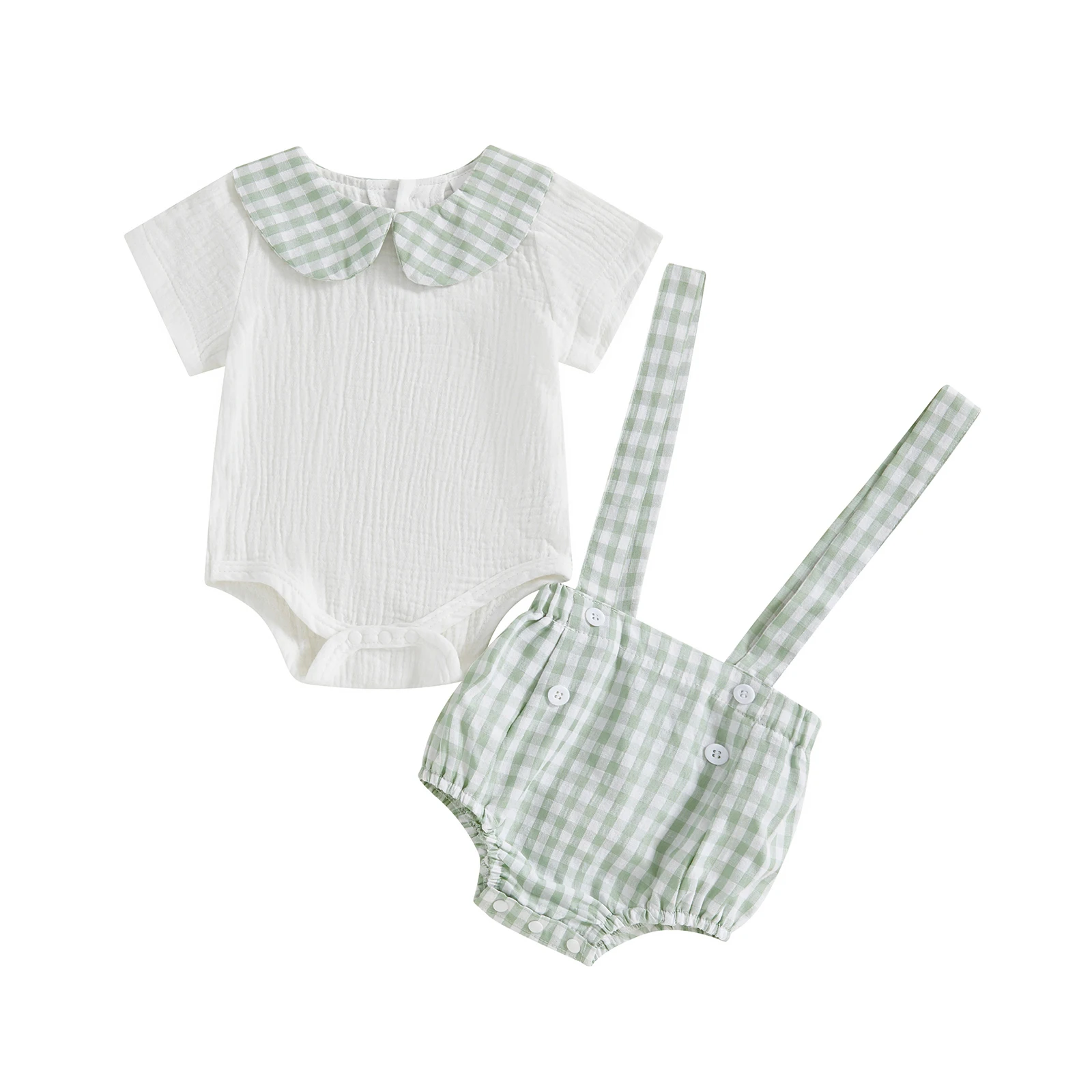 

Baby Boys Shorts Set, Doll Collar Romper with Plaid Suspender Shorts Summer Outfit