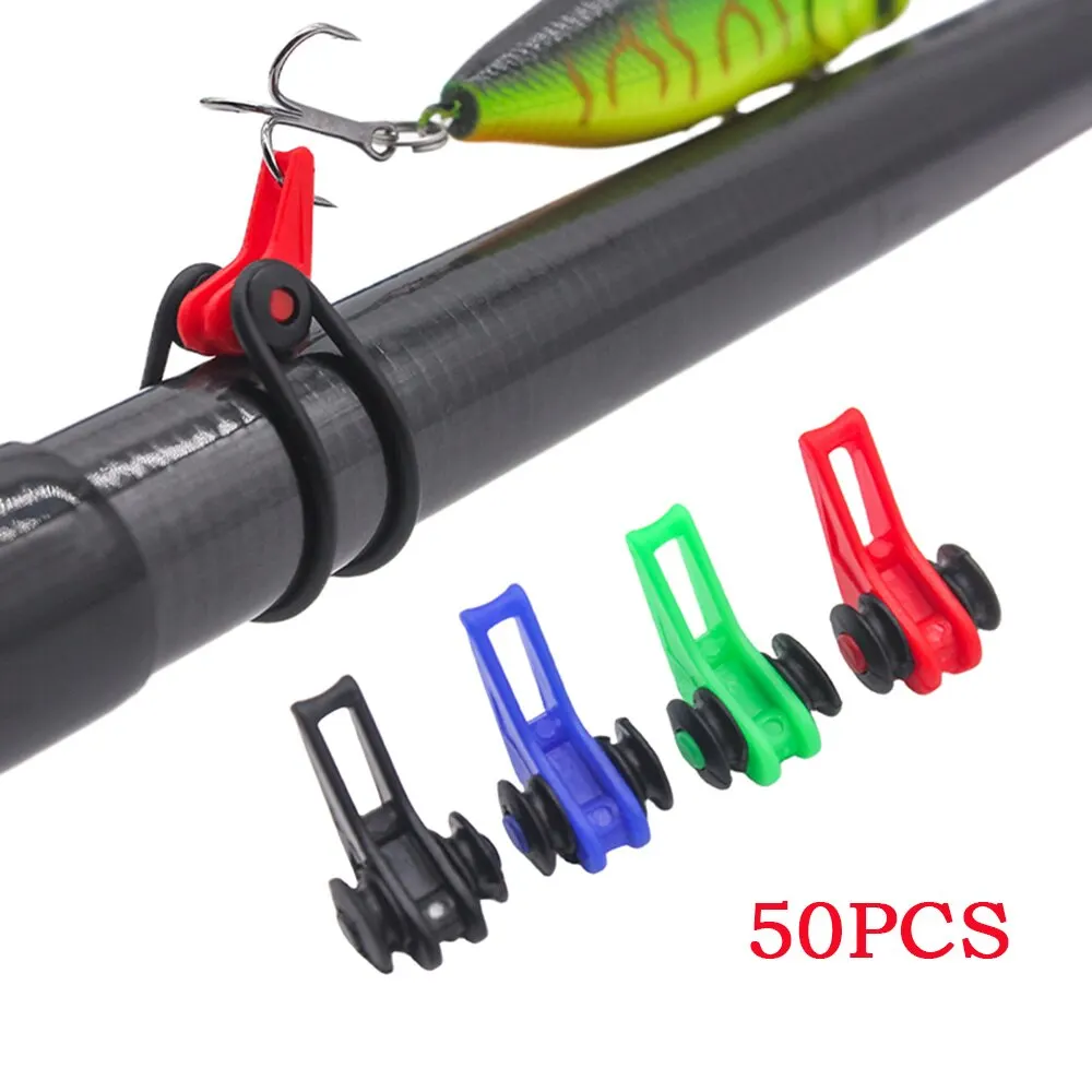 Supporto per esca da 50 pezzi Supporto per amo da pesca in plastica Supporto di sicurezza per esca con 2 anelli in gomma per attrezzatura da pesca con canna da pesca