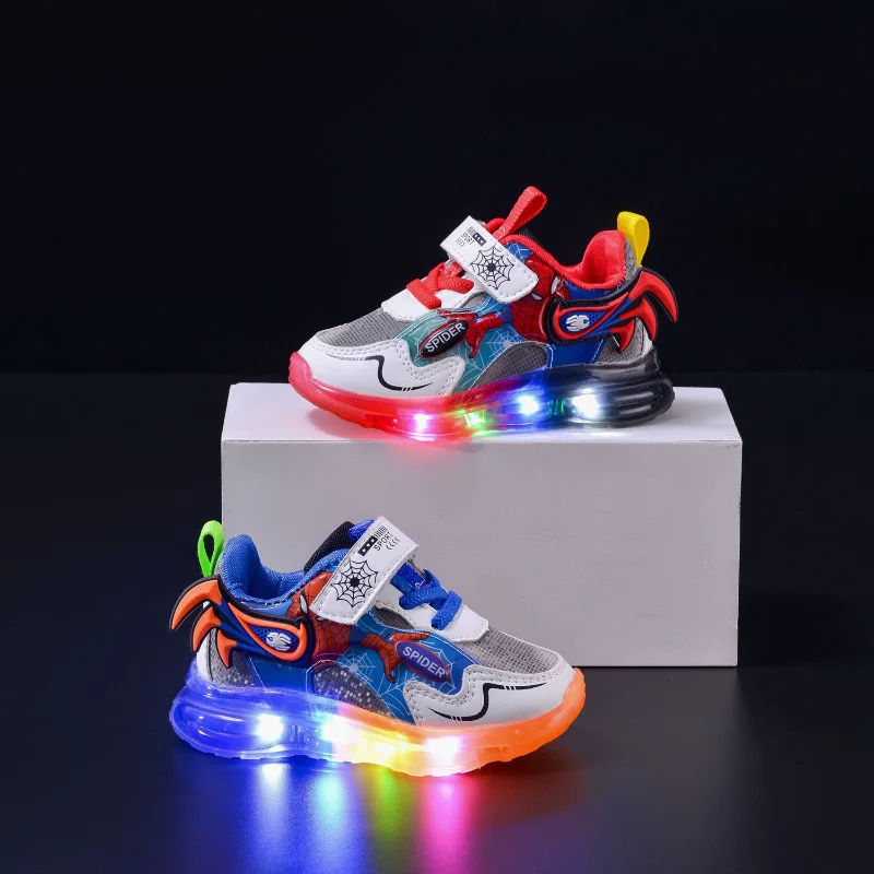 Disney Boys Spiderman Sneakers Disney LED Children\'s Sport Shoes Student Shoes Fashion Anti-slip Kids Outdoor Shoes