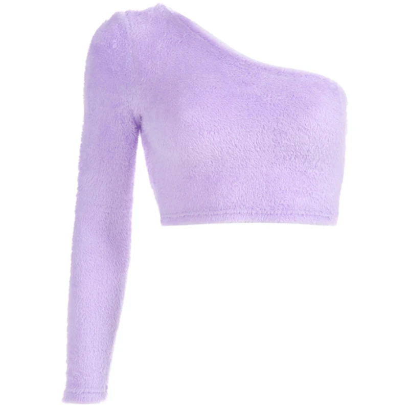 Sexy Women Lavender One Shoulder Long Sleeve Fluffy Crop Top Autumn Winter Slopping Shoulder Faux Fur Short Club T-shirt Top