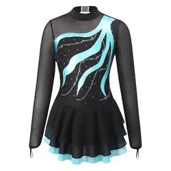 Girls Shiny Rhinestone Mesh Splice Ballet Gymnastics Leotard Girls Figure Skating Dress Child Contemporary Lyrical Dance Costume