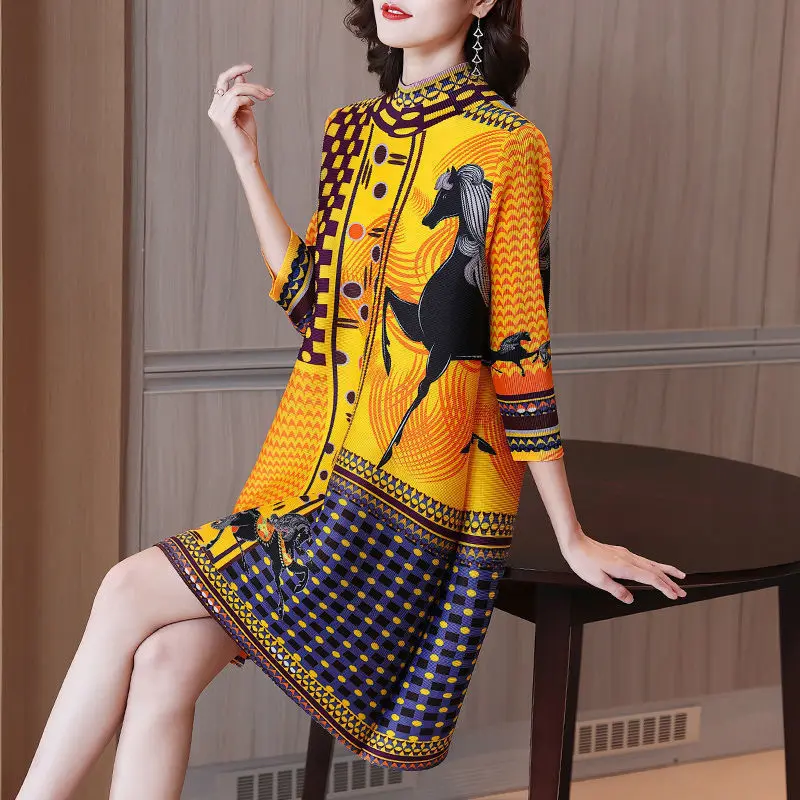 Dress printed pleated clothes for autumn 2023 fashion Slight Strech Loose Fit Long one-piece dress gown