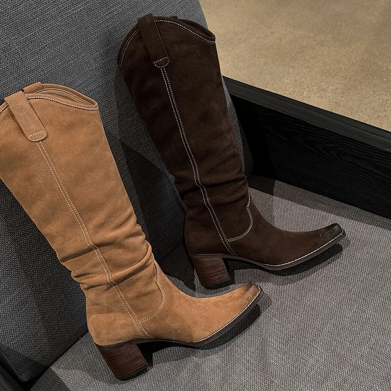 MKKHOU Fashion Knee High Boots Women's New High Quality Genuine Leather Shoes Retro Pleated High Heels Knight Boots Winter view 4