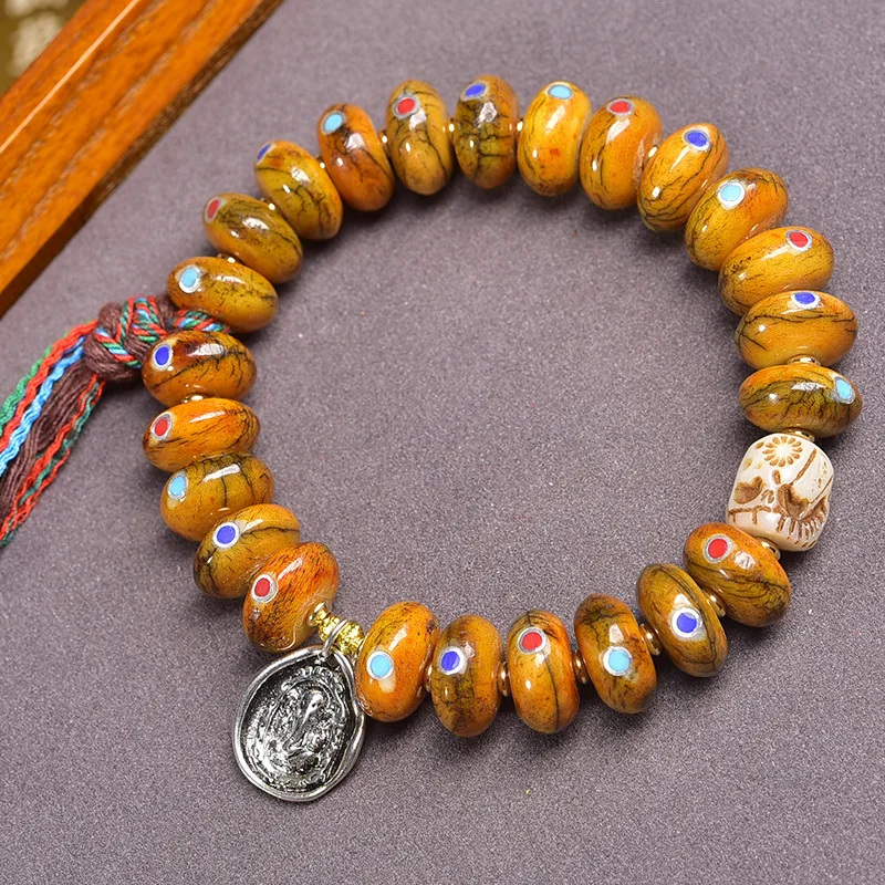 Duobao حلقة واحدة مطعمة اللوحي الخرز العظام سوار الرجال والنساء