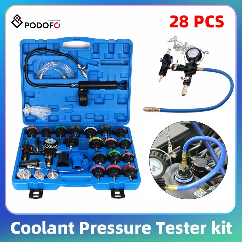 Podofo 28pcs Coolant Pressure Tester Kit Universal Radiator Pressure Tester Vacuum Type Cooling System Test Detector Set Tester