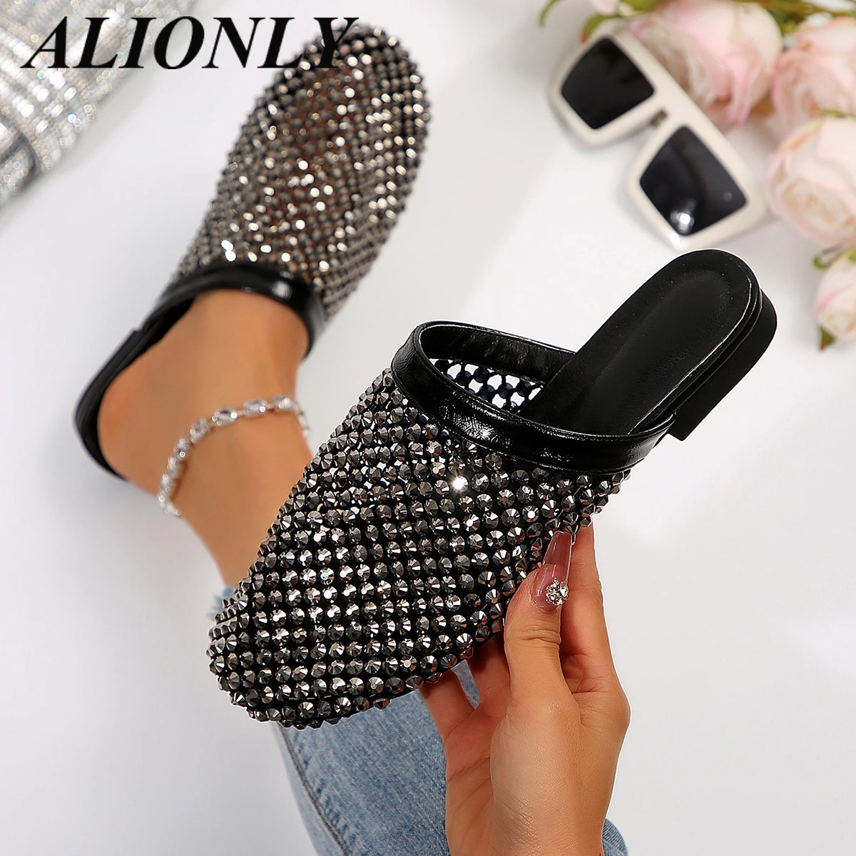 

Alionly 2026 Street Style Crystal Butterfly-knot Narrow Band Woman Sandals Sexy Thin High Heels Buckle Strap Banquet Party Shoes