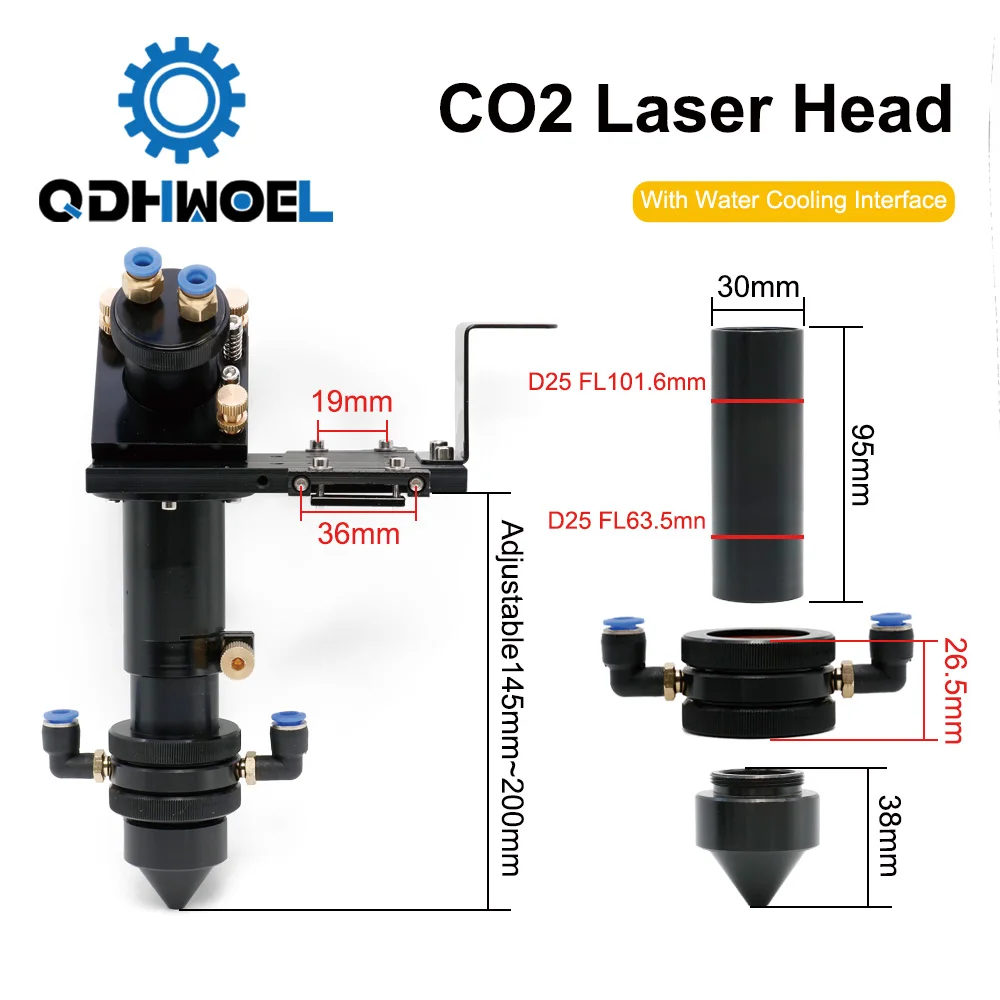 QDHWOEL مجموعة رؤوس ليزر ، واجهة تبريد المياه ، مرآة ضياء ، CO2 قطر العدسة من 30 ، عدسة حامل جبل متكامل ، 25 FL ، 63.5 & 101.6