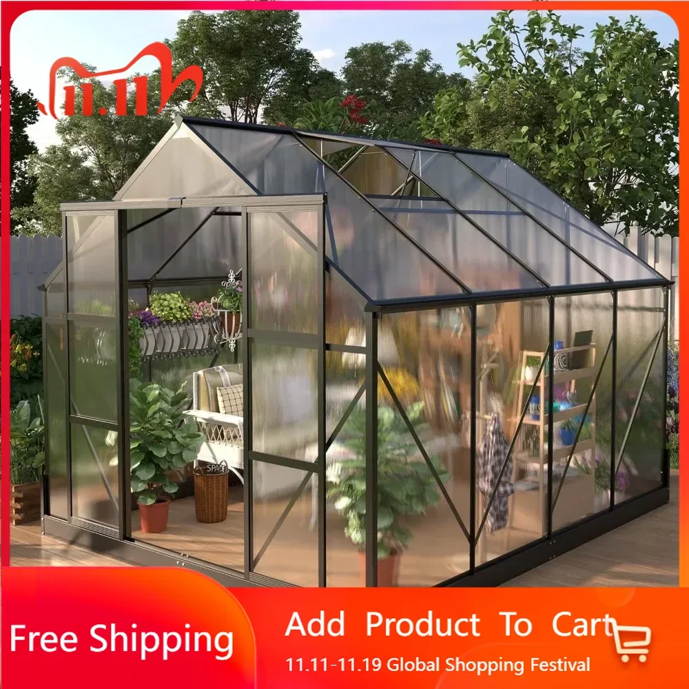 

8x10x7.5 FT Outdoor Storage Shed, 2 Sliding Doors, 2 Vent Window for Sunroom Garden Backyard, Aluminum Polycarbonate Greenhouse