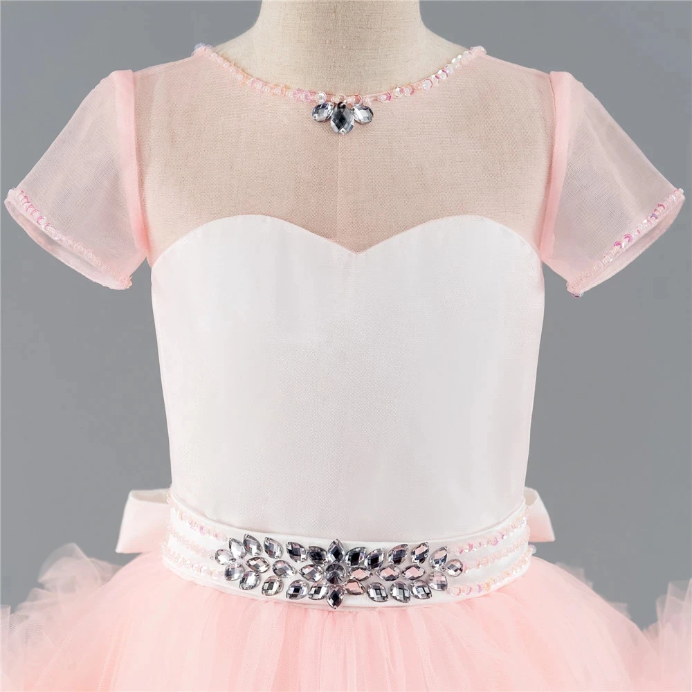 Pink Flower Girl Dresses For Weddings Ball Gown Tulle Ruffles Beaded Long Girls Pageant Dresses For Little Kids Baby