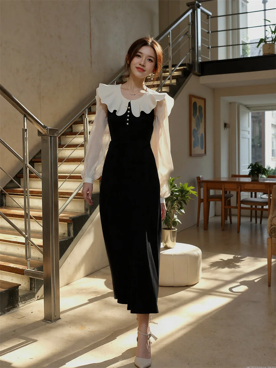 여성 드레스 우아한 여성 2025 긴 소매 블랙 화이트 패치워크 큐프로 커브드 컷 귀여운 컷아웃 사이버 데일리 데이지 댄스