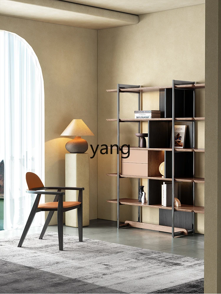 Yhl Solid Wood Bookshelf Minimalist Storage Rack Study Creative Storage Cabinet High-End Stainless Steel Display Stand