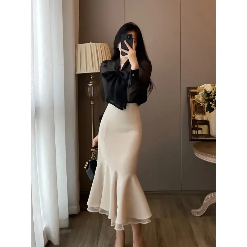 

Women's French Style Two Piece Set Black Sheer Bow Blouse High Waist Mermaid Midi Skirt Outfit In Beige