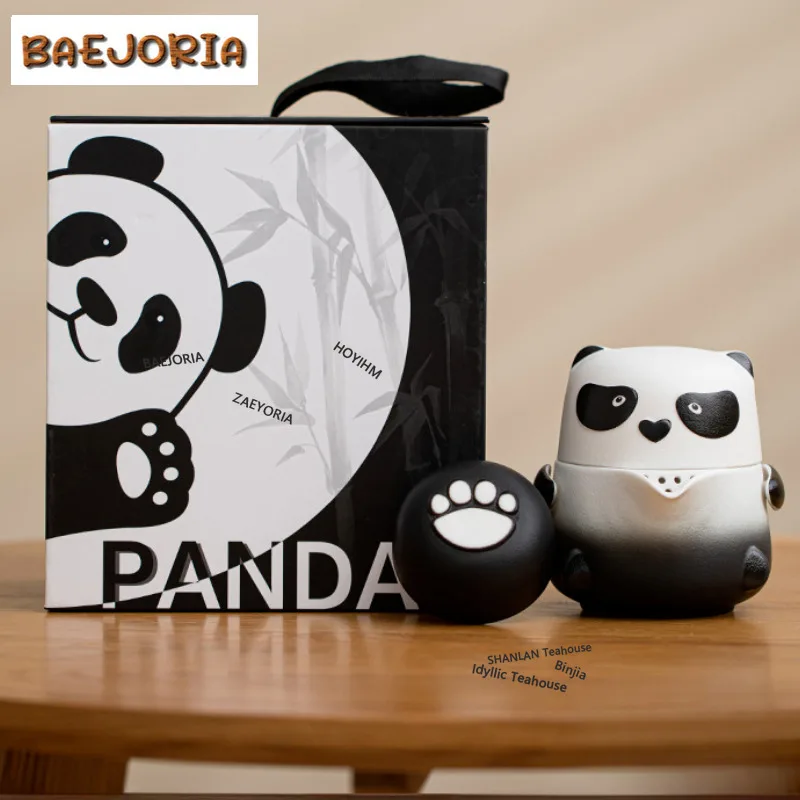BAEJORIA Cute Cartoon Panda Fubao Travel Tea Set Kit Japanese 1 Pot 2 Cups Tea Brewing Organizer Portable Camping Tote Bag Gifts