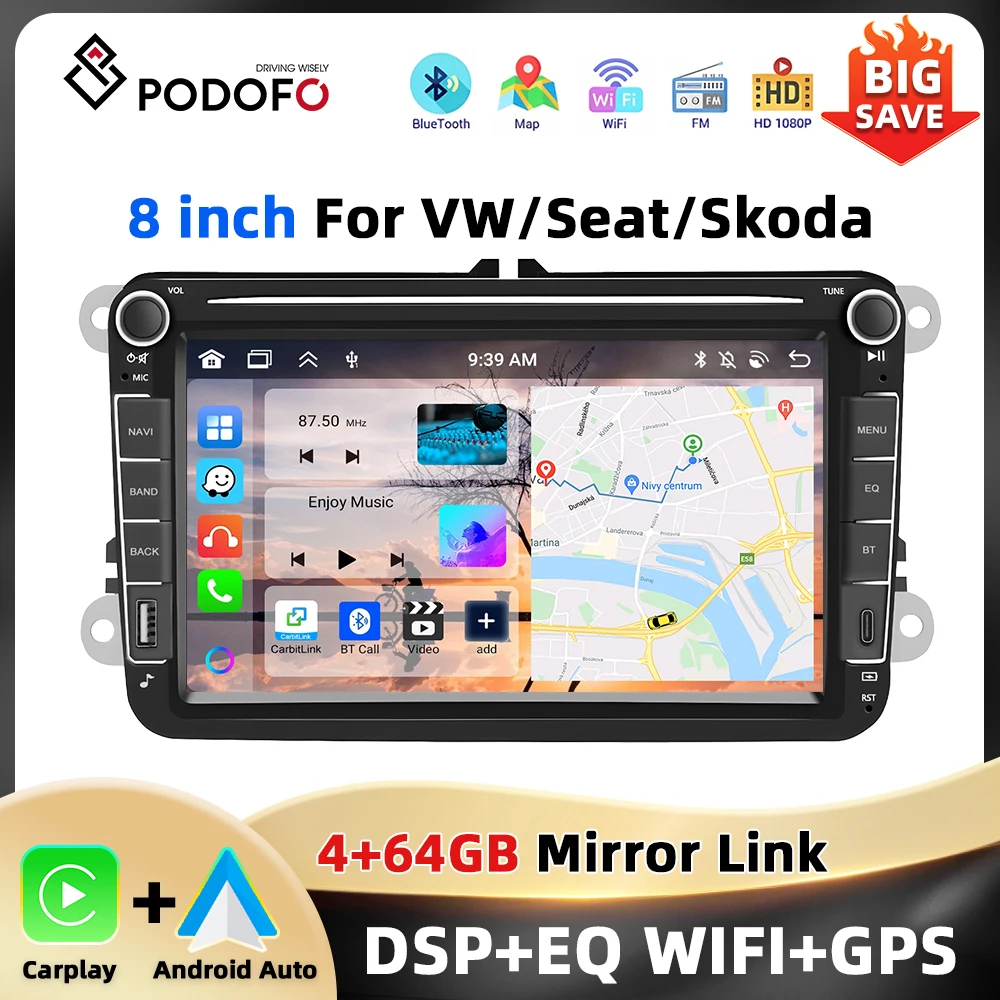 Podofo 4 + 64G 8 ''Audio Per Auto Per VW/BEETLE/GOLF/PASSAT/TOURAN Lettore Multimediale Android Auto Carplay WIFI Bluetooth GPS Autoradio