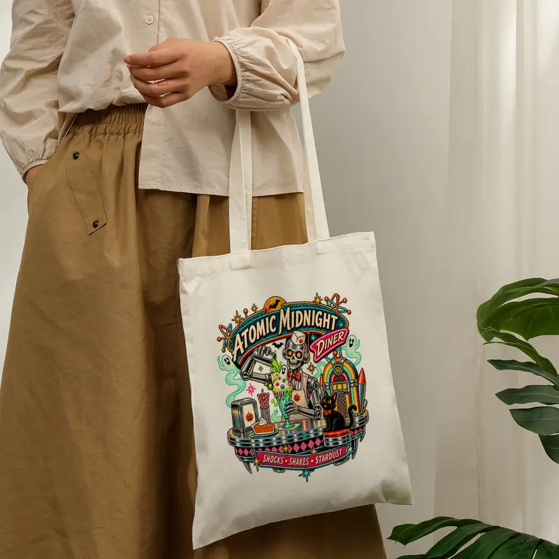 Atomic Midnight Diner Tote Bag Retro Skeleton Diner Black Cat Print Shoulder Shopping Bag Gothic Halloween Casual Daily Handbag