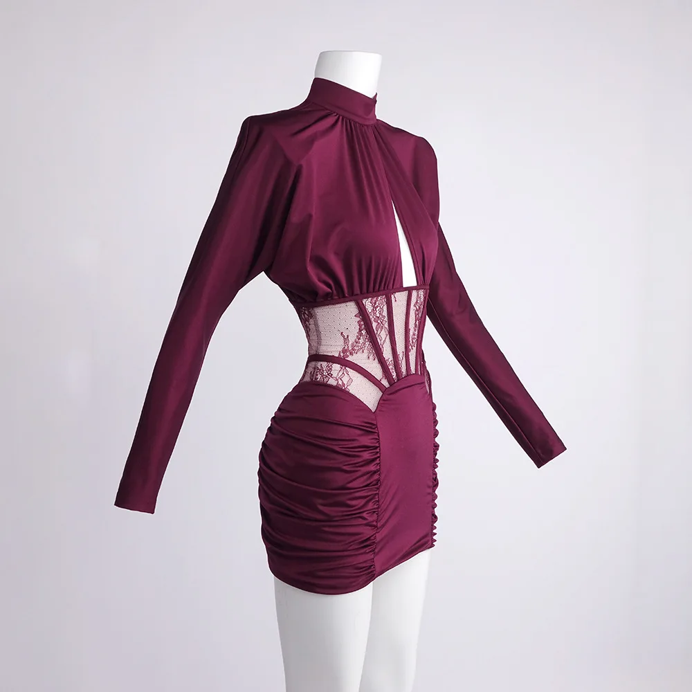 Sexy bordeaux bodycon mini-jurk hoge hals gelaagde ruches gelaagde kant mesh taille uitgesneden rug cocktailparty clubkleding jassen