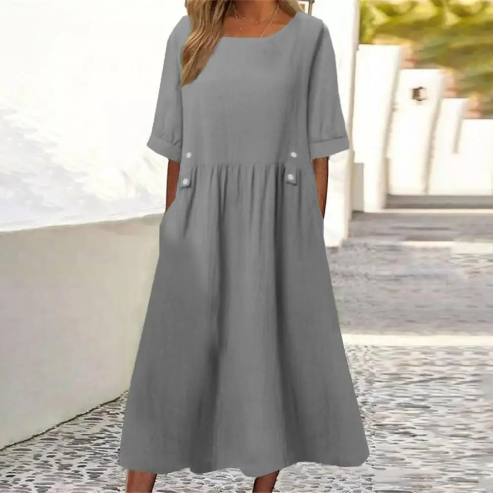 cotton linen Vintage Women Dress Loose Mid Length Pockets Button Decor O Neck Short Sleeve Boho Summer Dress Holiday Sundress