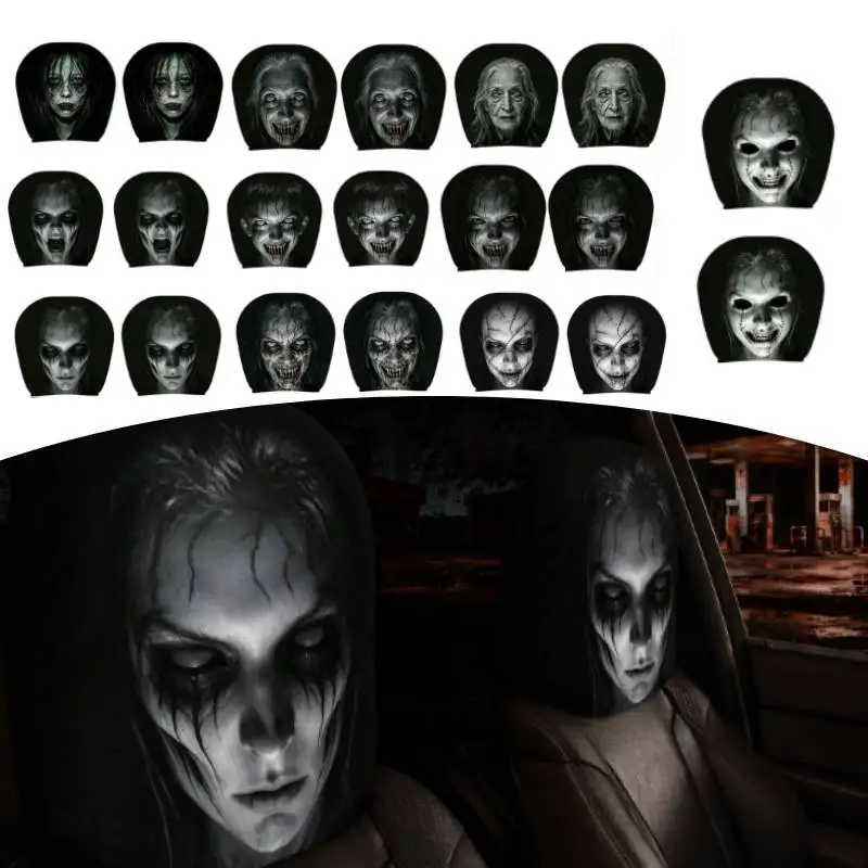 Ghost Face Headrest Covers, Scary Face Printing Auto Seat Universal Elastic Models Headrest Protector with Glowing-Eye Effects