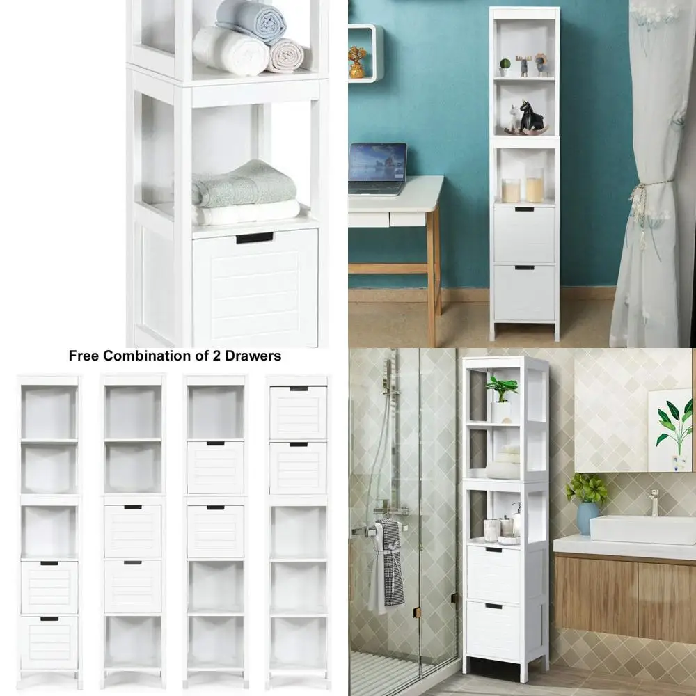 

White 57 High Slim Freestanding Bathroom Storage Cabinet with 3 Shelves and 2 Drawers, Wooden Multifunction Organizer Tower