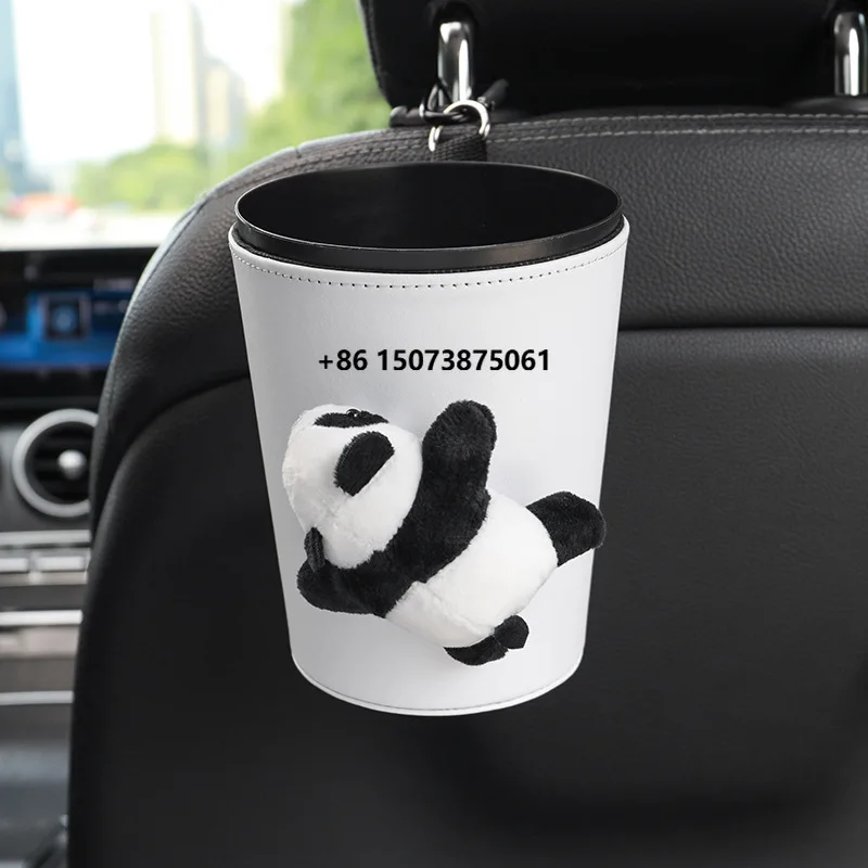 Car Interior Wall-Mounted Hanging Leather Cute Cartoon Panda Design Lid Portable Eco-Friendly Desktop Storage Trash Can Bin