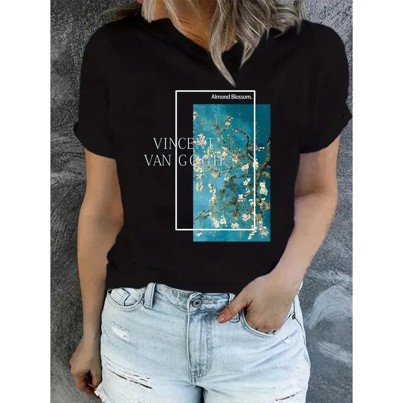 

Plum Blossom Pattern Frame Letter Women's Advanced T-shirt Summer Round Neck Slimming Design Feel Casual Versatile Top