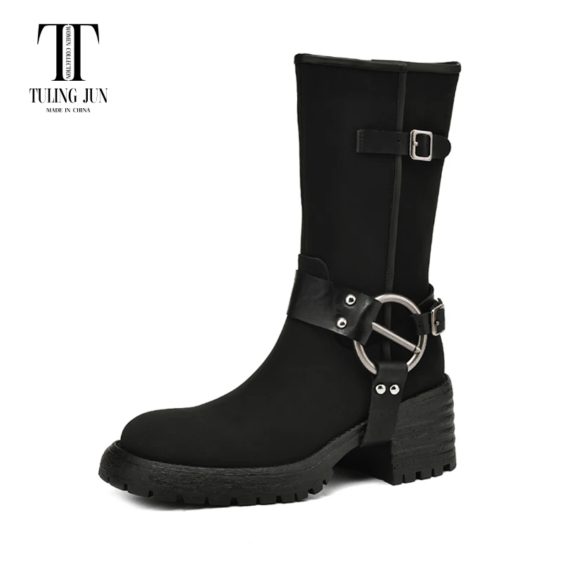 TULING JUN 2024 Winter Woman Retro Round Toe Mid-Calf Weatern Boots Solid Color High Chunky Heels Shoes For Female T-TT12-179