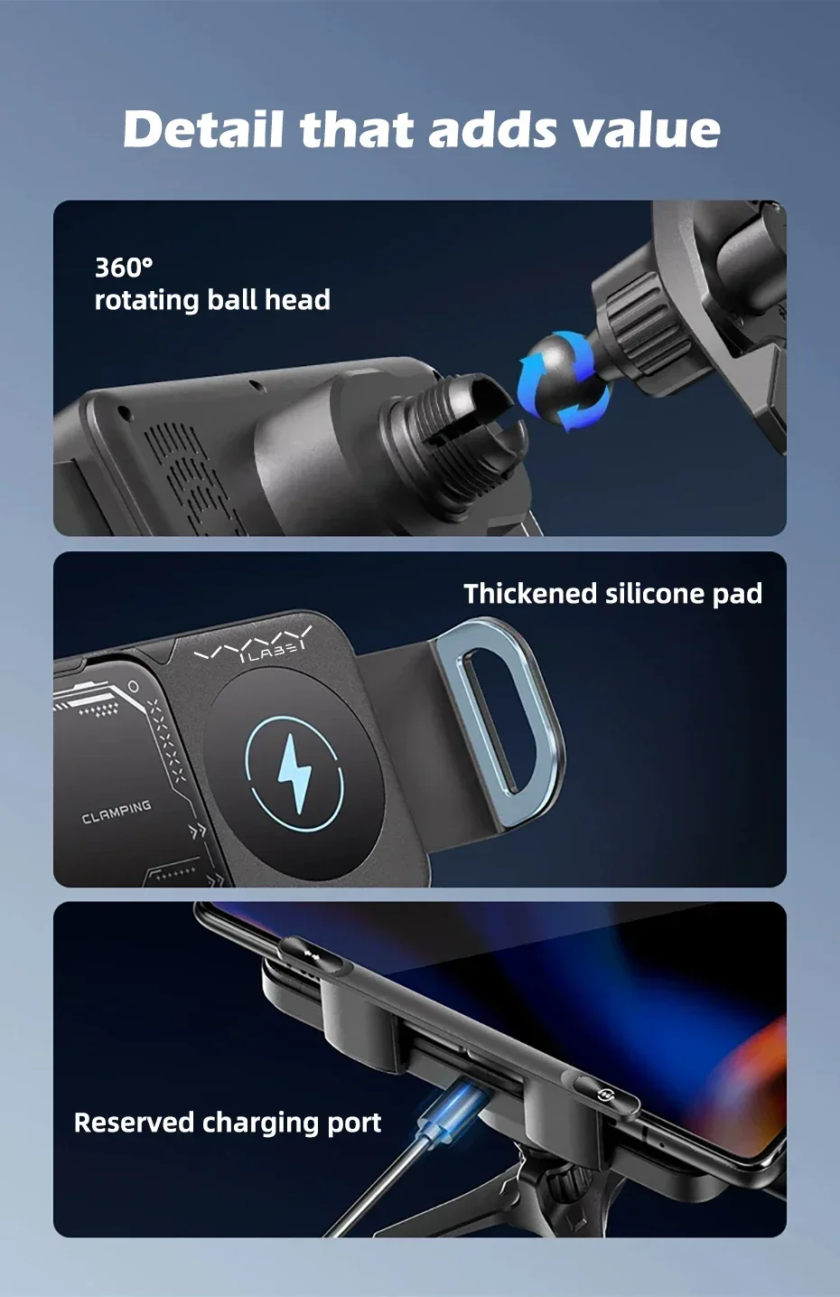 Vyvylabs Auto-Handyhalterung 15W Kabelloses Ladegerät Automatische Klemmung 360° ° Drehbare Lüftungshalterung für faltbare Handys und Tablet-Zubehör – Detail 13