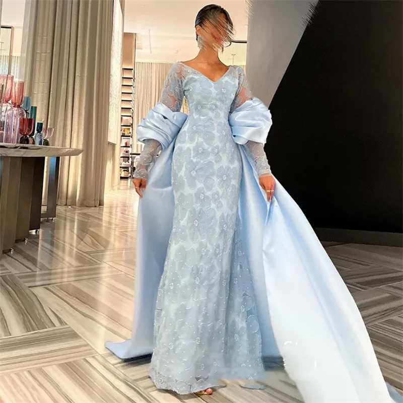 

Saudi Evening Dress Customized Elegant V Neck Long Sleeves Beading Pearls Arabian Prom Gown Wedding Party Dresses with Cape
