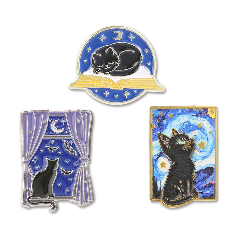 Cute Night Sky Black Cat Enamel Badge Van Gogh Starry Cat Window Moon Book Cat Lapel Badge Jewelry Gift For Cat Lover