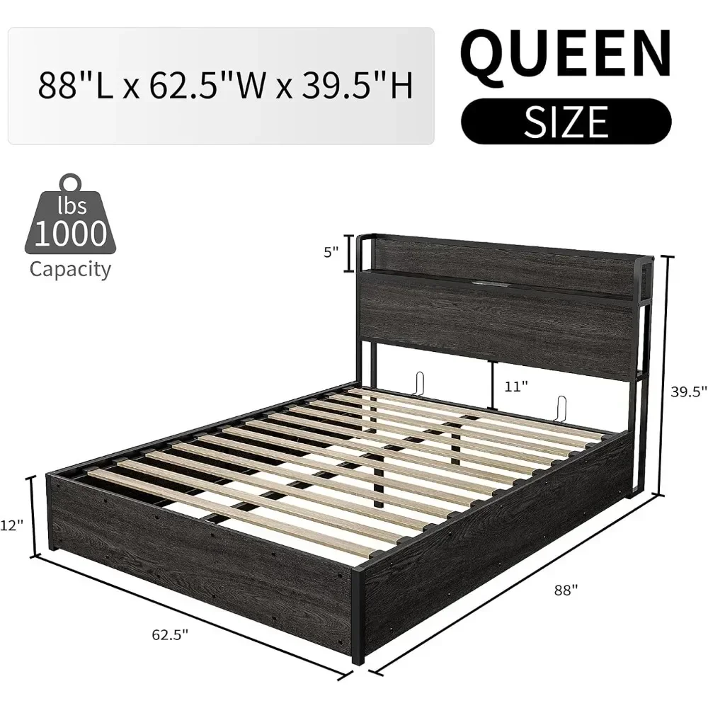 Lit de rangement relevable Queen Size avec planche de sauna de rangement et station de charge, pas besoin de ressort de boîte, assemblage facile, cadre de lit en bois